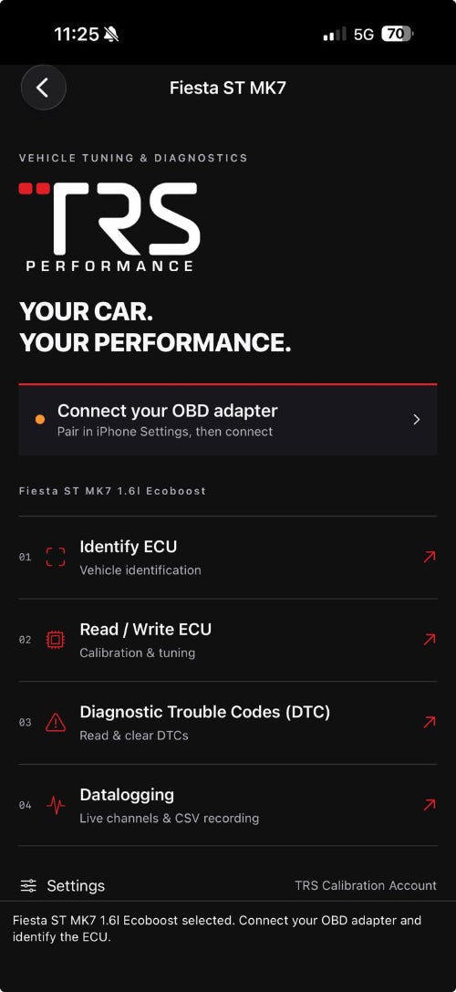Official TRS app dashboard with ECU tuning, fault codes and datalogging; MK7 interface example