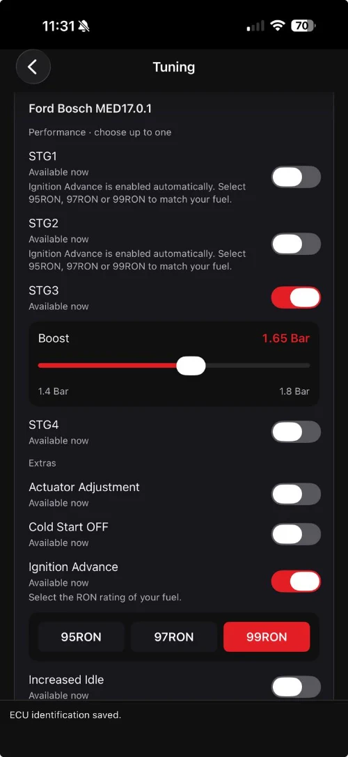 Real TRS Performance app: tuning screen, MK7 example