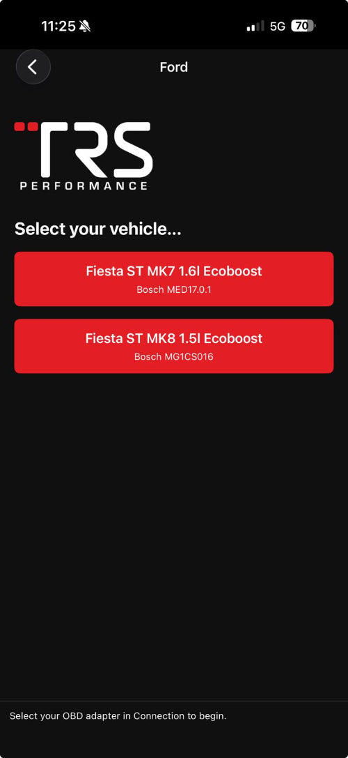 Official TRS app vehicle selector showing Fiesta ST MK7 and MK8