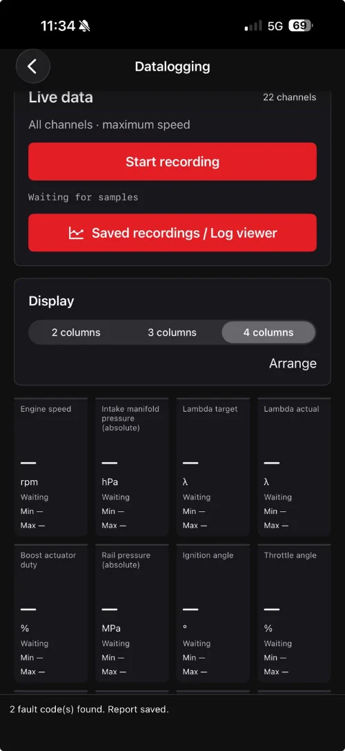 Real TRS Performance app: live data screen, MK7 example